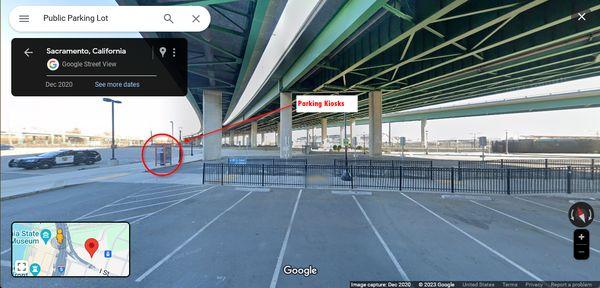 Showing the fact that City Lot 293 stretches under the freeway and showing what the parking kiosk looks like and where one is located.