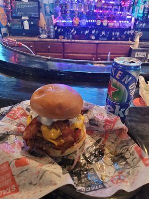 The Draft Burger is an amazing double patty with bacon.