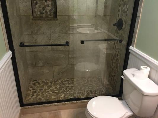 Beautiful stone and tile shower bathroom remodel in Dayton, OH