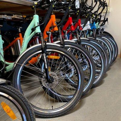 Dogleg electric bikes come in 7 colors. Stop by to see our collection.