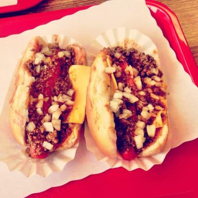 Chili cheese dogs are bright red and perfect for breakfast, lunch or dinner.