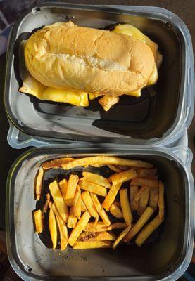 Chicken chipotle cheese steak with plain fries.