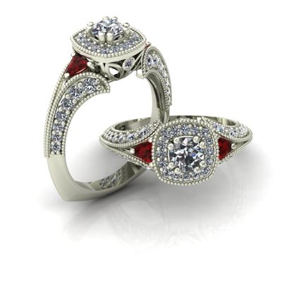 Petite vintage inspired engagement ring with ruby trillions