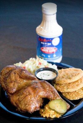 Bar-b-que chicken with fried green tomatoes and coleslaw.