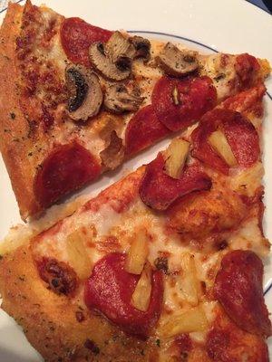 Large hand-tossed slice (pepperoni & mushroom) and large Brooklyn slice (pepperoni & pineapple) #PizzaIsMySoulmate