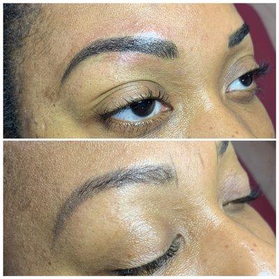 Nano strokes/powder brow combination. Pic shows before/after touch-up.