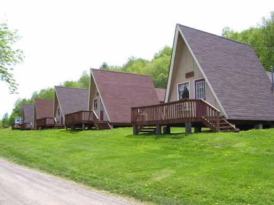 Several A frame cabins each sleeps 10 and each has a full bathroom