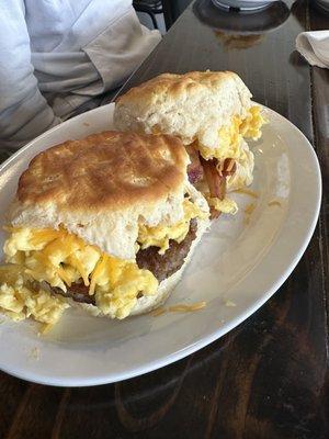 Sausage biscuit and bacon biscuit with cheddar and scrambled eggs