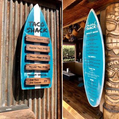 Custom fabricated, distressed wooden surfboard menu signs for the Hotel Del Coronado. Designed, fabricated and installed by us!