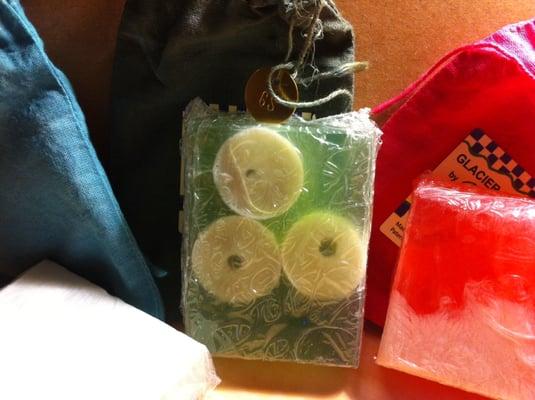 Sea Pickle soap (and Fireweed Fluff on the right). Note the metal tags on the bags.