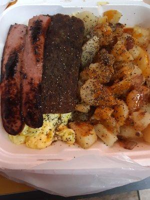 Scrambled Eggs w/cheese, Scrapple, Beef Sausage, HomeFries