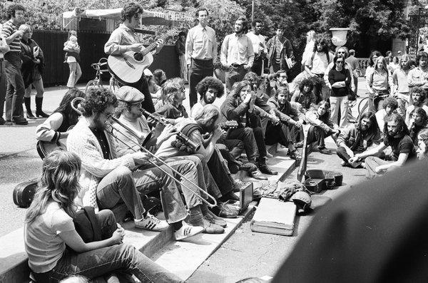 Trombone, clarinet, guitar on Sproul Plaza.  I took all of these photographs in the years 1969-1971.  ---Tom Brody