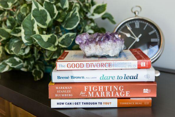 Divorce books in an office.