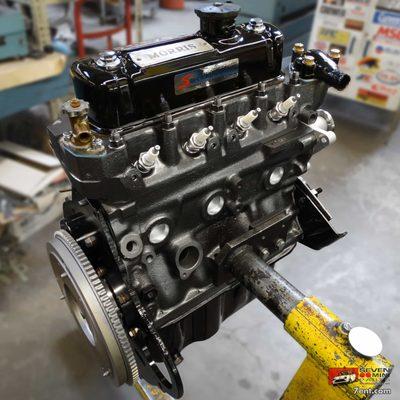 A Seven-rebuilt 1275cc Austin Healey Sprite motor, destined for install in a Morris Minor, in an unusual customer-specified color