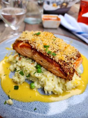 Pear & Mustard Crusted Salmon over Risotto