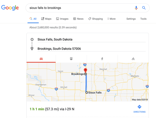 Sioux Falls is 57 miles from Brookings (where my wife was).