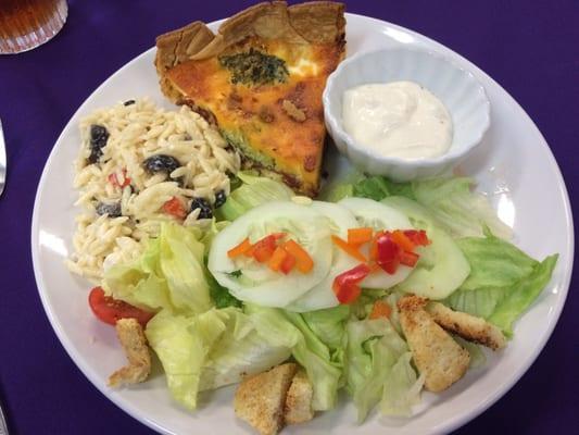 Quiche, orzo, and salad