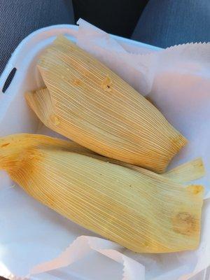 Two tamales--chicken and cheese and jalapeño