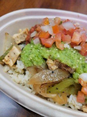 Chicken bowl with all the salsas, cilantro rice, black beans and onion/pepper mix - delish!