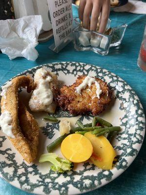 Tonight's fish fry of fried perch, fried cod, baked cod, potato pancake and some veggies