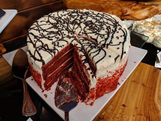 Red velvet layer cake. Company holiday party inside the Chop House.