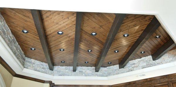 Custom Wood Ceiling Supplied, Stained, and Installed by Wood Masters Inc.