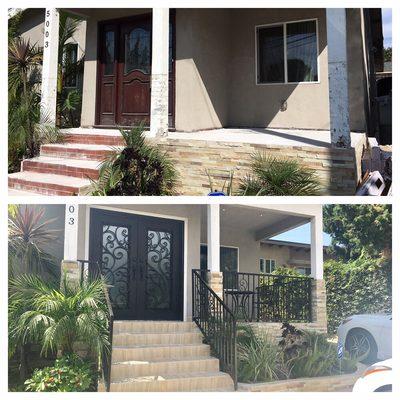 Before and after picture of wooden door and no hand rails to an iron door with beautiful hand rails , give us a call for a free estimate!