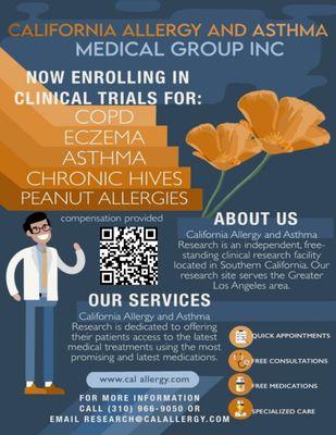 Experience asthma, eczema, hives or allergies? 
Visit https://www.calallergy.com/sign-up for more info.