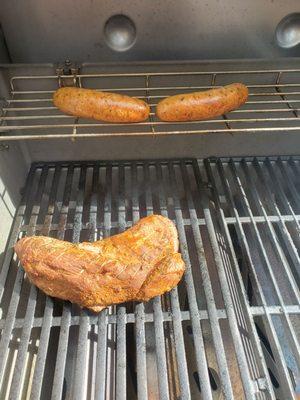 Grilling.  Tri Tip and Sausage from Overland.