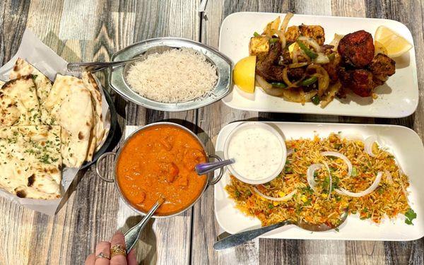 NAAN , BUTTER CHICKEN , MIXED GRILL , BIRYANI VEGETABLES