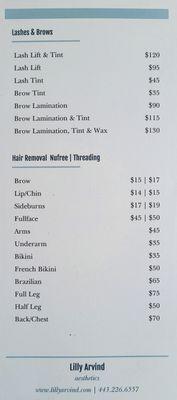 Prices for waxing, threading, and lash tint/lift.