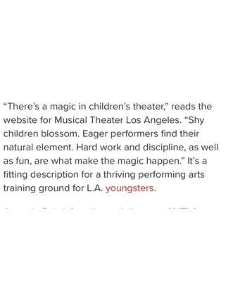 Musical Theater Los Angeles Turns Kids into Pros
 
 link:
 https://www.backstage.com/interview/musical-theater-los-angeles-turns-kids-pros/