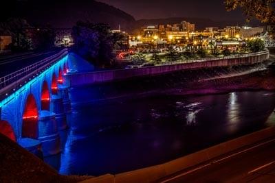 The Stone Bridge (left) with the park in the background right.