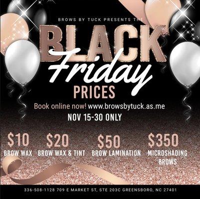 Black Friday specials at brows by tuck.