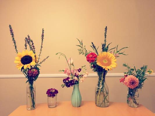 All the flower arrangements I did with the extra flowers I got from tonight's event!