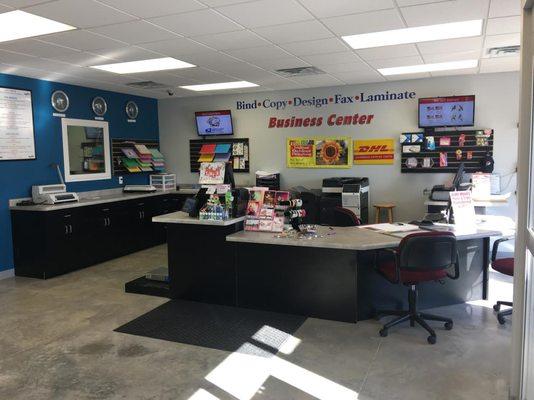 Inside of store, business center and shipping desk.