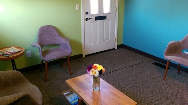 Our lobby is colorful and cozy--and we play great music!