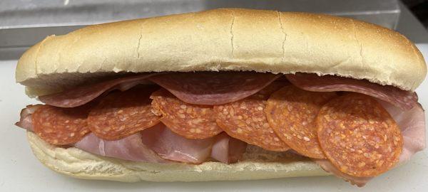 Italian hoagie:  salami, ham, pepperoni on a sourdough hoagie.