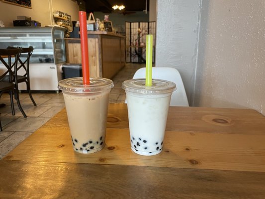 The left is milk tea with tapioca and the right is coconut milk tea with tapioca