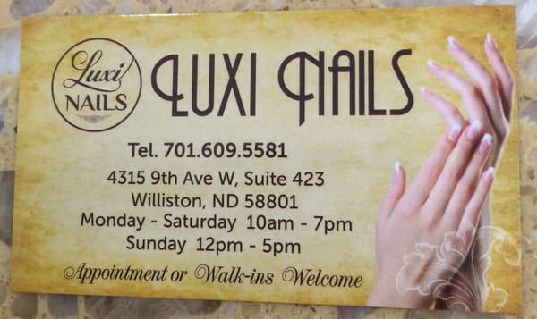 Luxi Nails is open 7 days a week