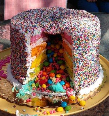 Explosion Cake with Skittles and Nerds candies on the inside.