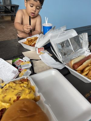 Getting ready to enjoy lunch. Hot dog ,fries, bacon and cheese fries, chicken sandwich.