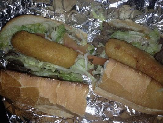 No cheddar cheese. Putting lettuce, and tomato is not a Philly cheese steak. I stuck mozzarella sticks in it. F-m