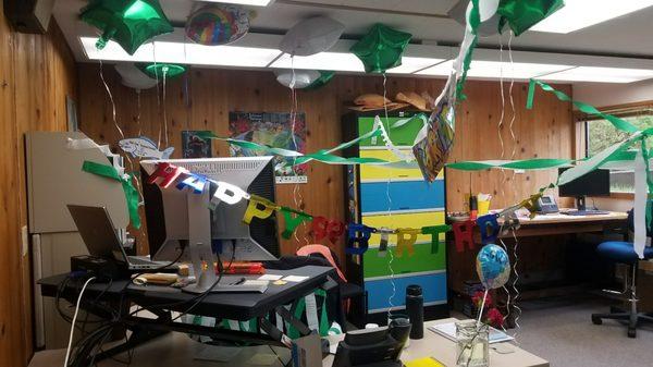 The balloons, happy birthday sign,  crepe streamers etc. were from the dollar tree.