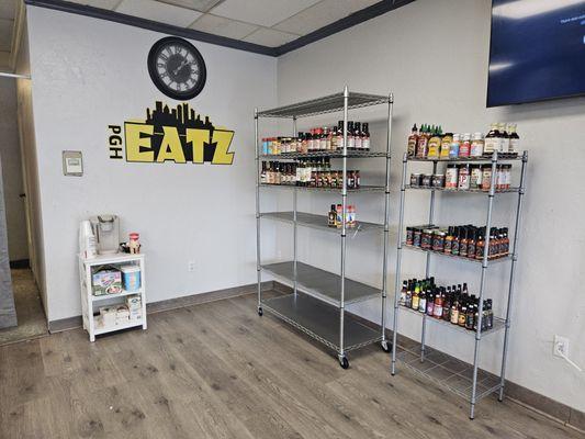 A variety of bottled hot sauces, rubs, etc. There were even more than shown in the picture on other visits