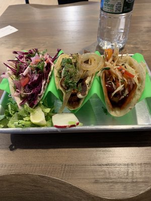 Left to right, ahi tuna, chorizo and mahi mahi tacos