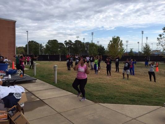 Group Fitness class outside on the patio