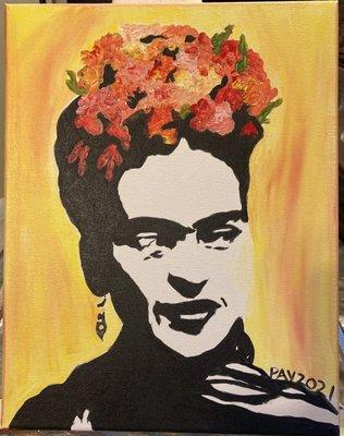 Frida Kahlo pre-sketched canvas. Virtual painting via Zoom, June 2021.