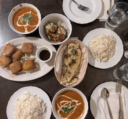 Butter chicken, Garlic Naan, samosa, paneer cheese pakora