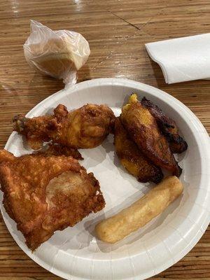 Fried chicken, yuca fries and plantains